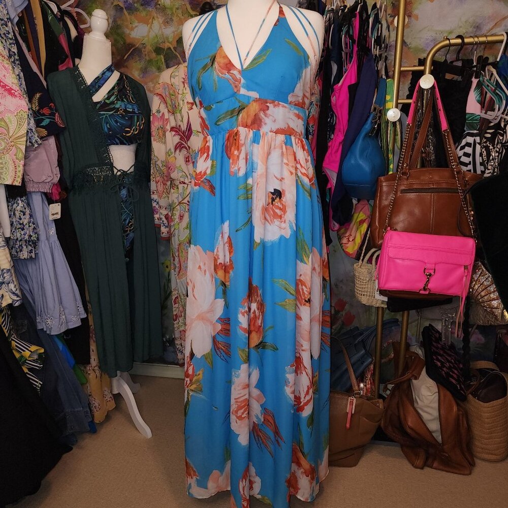 Bisou Bisou Turquoise Floral Strappy Maxi Dress